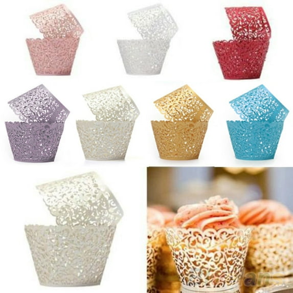 Ludlz 12PCS Cupcake Wrappers Artistic Bake Cake Paper Filigree Little Vine Lace Laser Cut Liner Baking Cup Wraps Muffin CaseTrays for Wedding Party Birthday Decoration