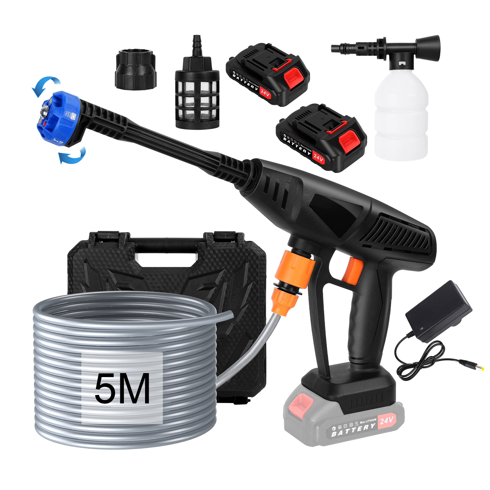 Ludlz 24V Cordless Pressure Washer - Battery Powered Power Washer with 6-in-1 Nozzles, 2x 1.5Ah Rechargeable Batteries, 16.4ft Hose - Portable Car Washer for Home, Cars & Outdoor Cleaning
