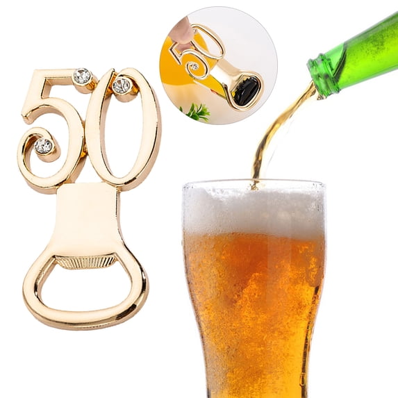 Ludlz 2Pcs Bottle Opener 50th Anniversary Theme Rhinestone Inlaid Alloy Wedding Memorial Dinner Party Manual Beer Opener for Kitchen