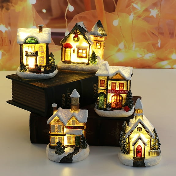 Ludlz 4" Christmas Scene House Village and Figurines with Fiber Optic Led Light, (Snow House) Eco-friendly Christmas Ornaments Adorable Resin Glowing Xmas Miniature House Decor for Home