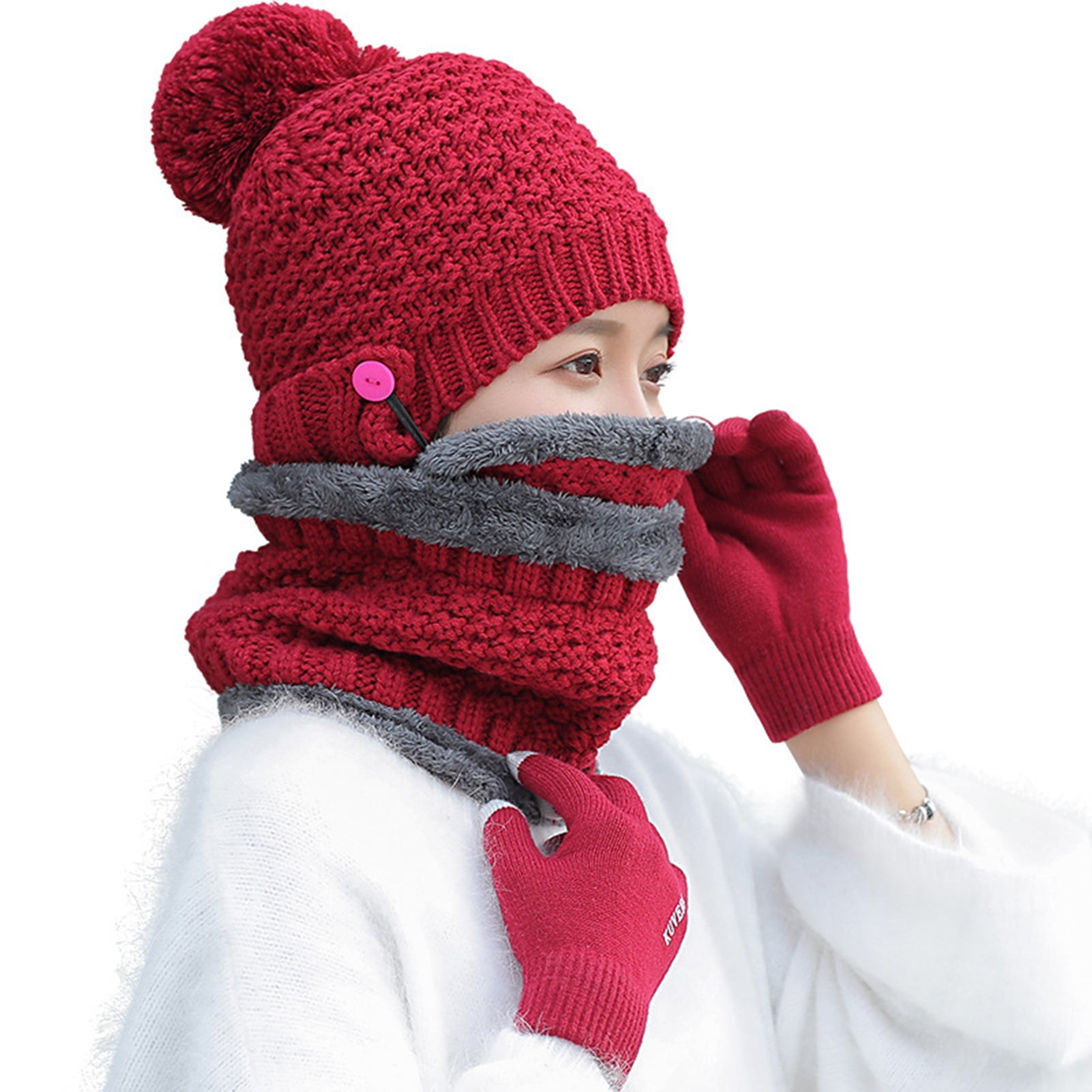 Ludlz 4 Piece Women Winter Hat Beanie Pompom Neck Warmer Scarf Gloves Set