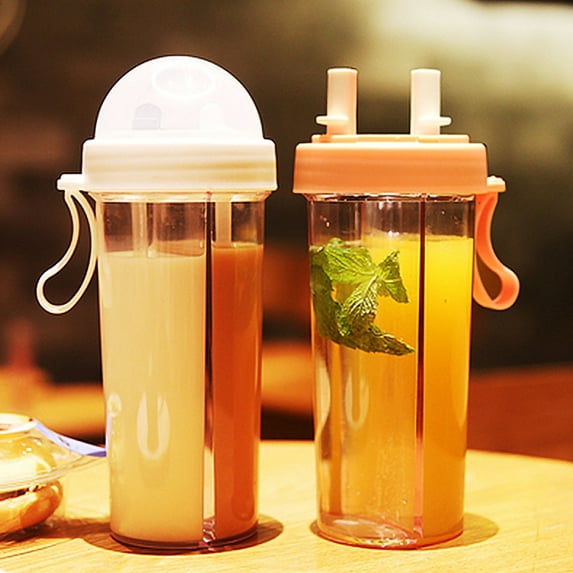 Ludlz 420/600ml Portable Dual Straw Separate Drink Water Beverage Bottle Couples Gift