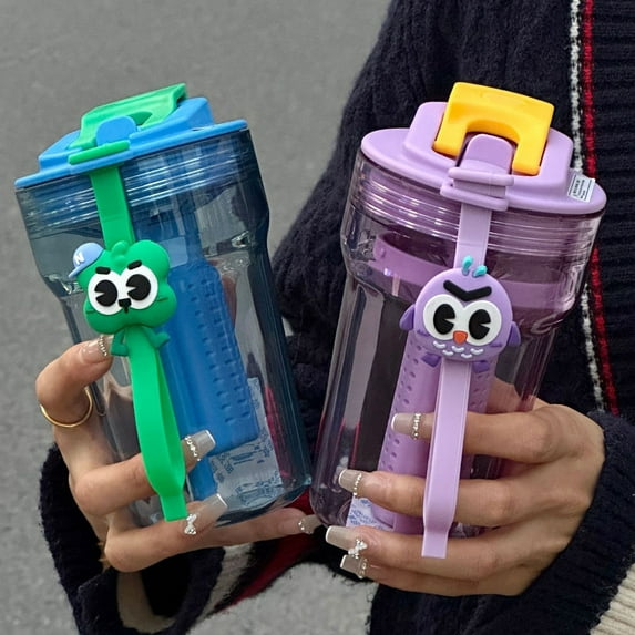 Ludlz 480ml Cartoon Straw Bottle Tea Room Leak-proof Handle Design Transparent Portable Drinking Water Bottle School Supplies