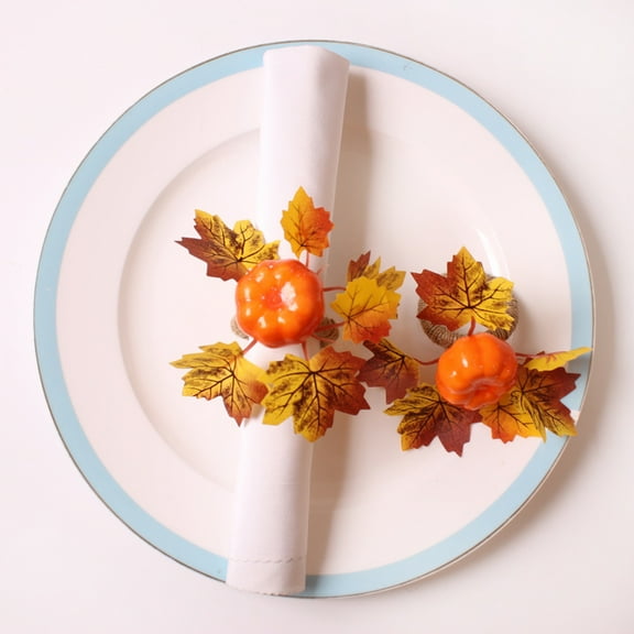 Ludlz 4Pcs Fall Napkin Rings Realistic Thanksgiving Harvest Pumpkin Maple Leaves Napkin Rings Dining Table Decorations