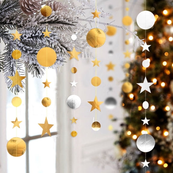 Ludlz 4m Party Decoration Gold Circle Dot Garland Streamer Kit Twinkle Star Paper Hanging Bunting Glitter Reflective Banner Backdrop Five-Pointed Stars Round Mirror Effect