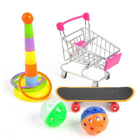 Ludlz 5PCS Parrot Toys , Mini Shopping Cart - Training Rings Skateboard Ball - Parrot Standing Training Toys Parrot Intelligence Toy for Budgie Parakeet Cockatiel Bird Toy Part