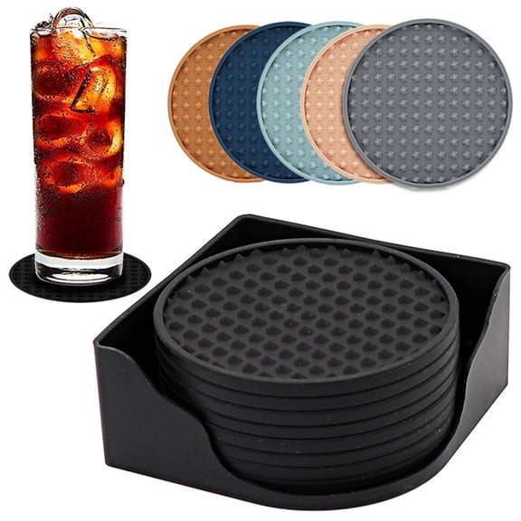 Ludlz 8Pcs Drinks Coaster with Holder Non-Slip Grooved Design Silicone Coaster Heat Resistant Dishwasher Safe Cup Mat Bar Supplies