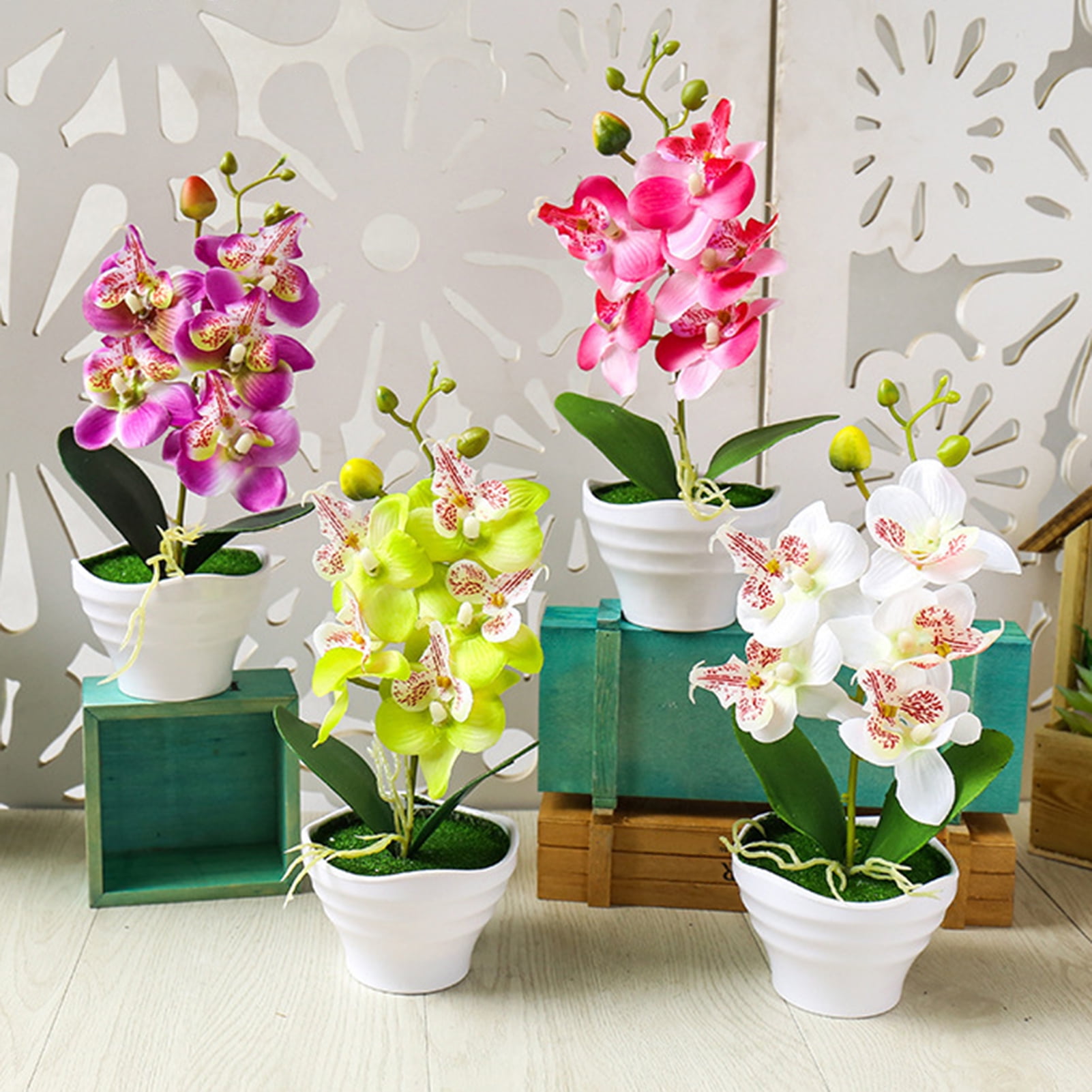 Ludlz Artificial Bonsai Silk Orchids Phalaenopsis with Vase Home Office Decoration Party Wedding