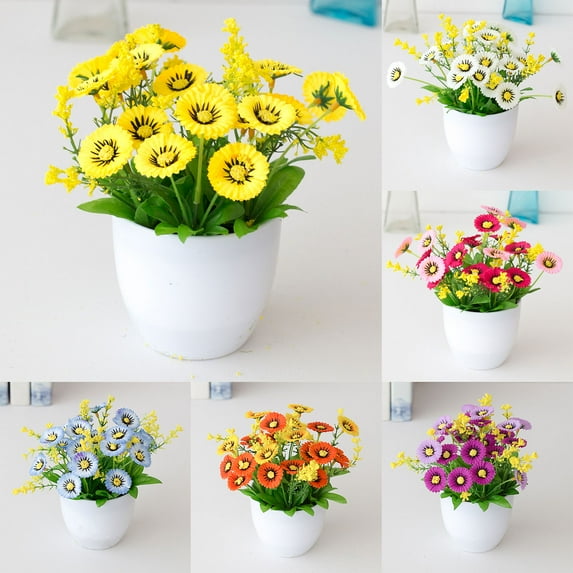 Ludlz Artificial Flowers - Daisies and Wildflower in Color Pots - Dwarf Bushes Fake Plants Artificial Flower Pot Chrysanthemum Desktop Decor Plastic Everlasting Fake Potted Plant for Balcony