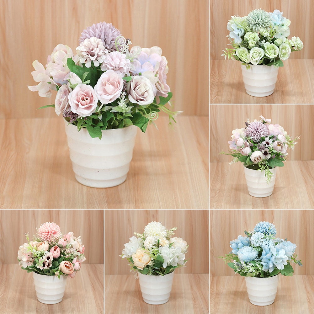 Artificial Flowers, Simulati Centerpieces with Small Ceramic Vase Silk  Cloth Floral Arrangement for Decor Festival Garden Wedding Deskp White 