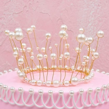 Ludlz Cake Topper White Pearl Gold Crown Cake Decorations for Wedding Birthday Party Decoration Party Decorations Queen Princess Tiara for Little Girls Women Adult