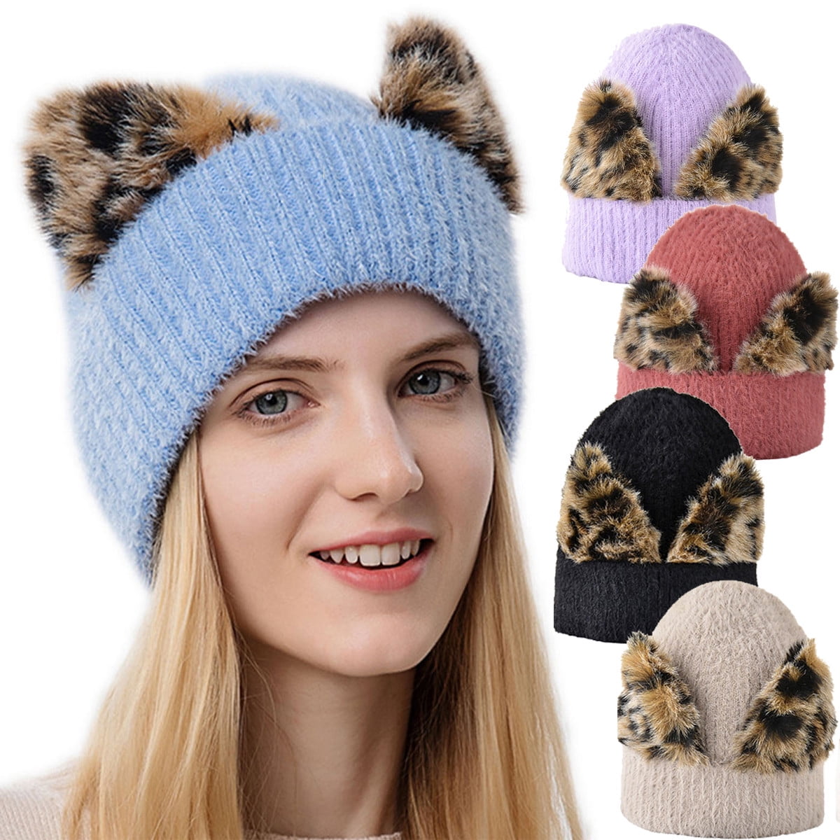 Ludlz Cat Ear Beanie Hat Cute Cat Knitted Hat Winter Knit Cable