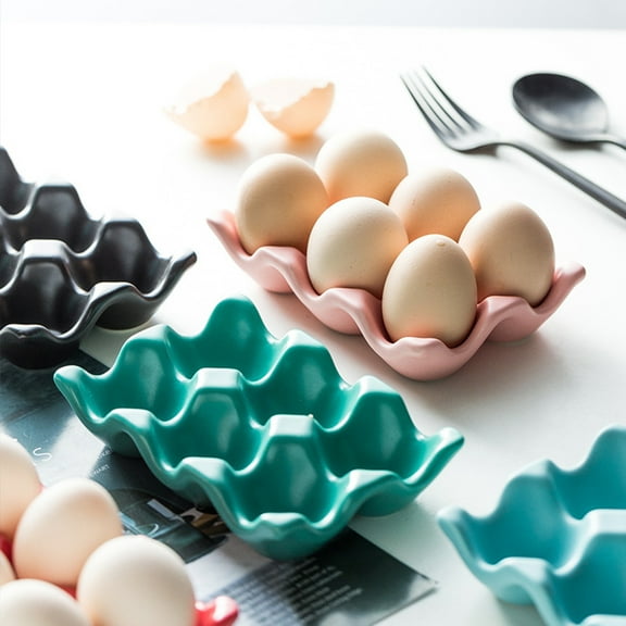 Ludlz Ceramic 6 Cups Egg Tray - Half Dozen Porcelain Egg Holder Container Keeper Storage Organizer Decorative Serving Dish Plate for Refrigerator Fridge Countertop Display Kitchen Home