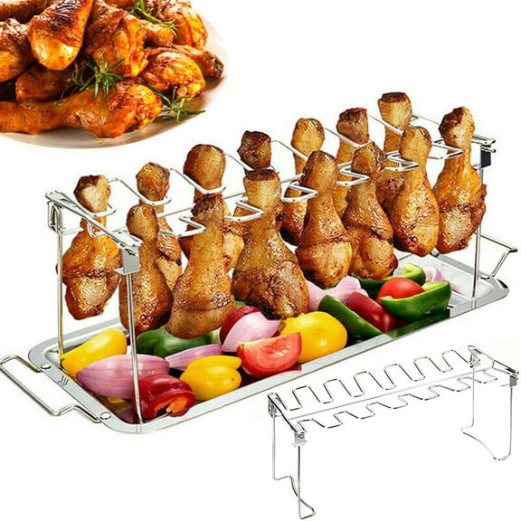 Ludlz Chicken Leg Wing Grill Rack, BBQ Chicken Drumsticks Rack Stainless Steel Roaster Stand with Pan, Hang Up to 14 Chicken Legs or Wings, Great easy to grill smoke wings in grill or smoker