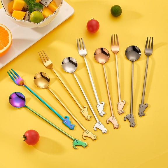Ludlz Coffee Spoon Cat Pattern Long Handle Comfortable Grip Mirror Polishing Multi-use Tableware Food Grade Stainless Steel Dessert Spoon Fork Stirring Tool Kitchen Supplies