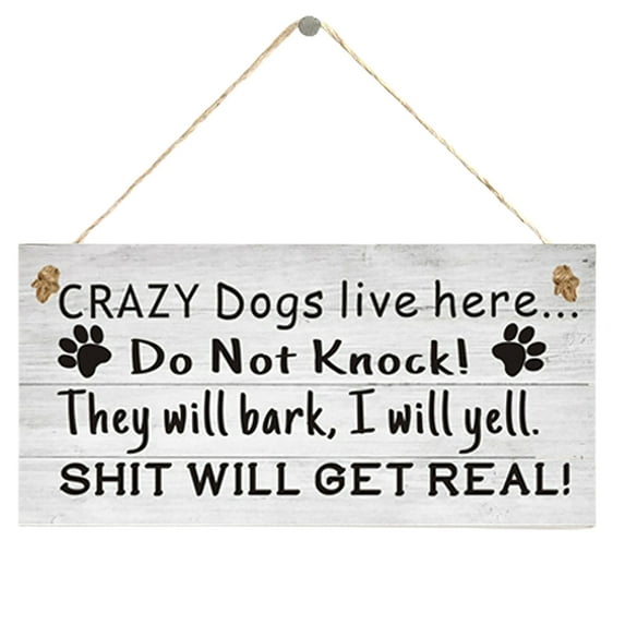 Ludlz Crazy Dog Live Here Sign, Beware of Dog Sign, Wooden Sign Easy Mounting, Indoor/Outdoor Hanging Pendant Home Door Decoration