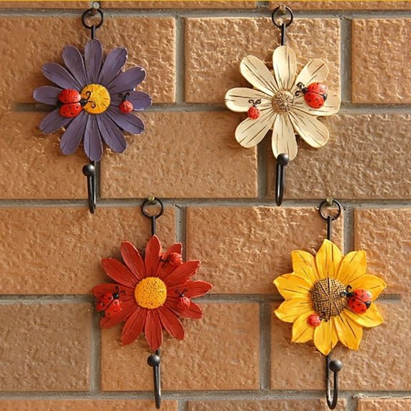 Ludlz Creative Household Ladybug Flower Resin Wall Hooks Wall Mounted Art Flower Iron Hook Hand-Painted Hanging Coat / Hat /Key/ Towel Hooks Home Decoration