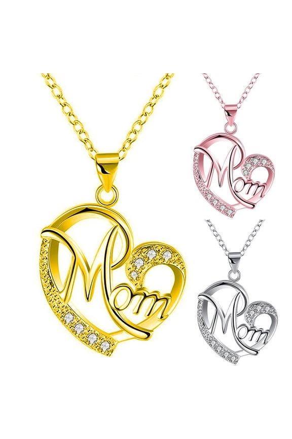 Cubic Zirconia I Love You Mom Heart Necklace for Women Mother Birthday Gift, 18 Inch Chain