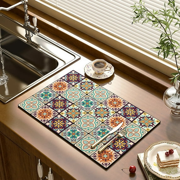 Ludlz Draining Mat Double-sided Non-slip Fast Water Absorption Anti-scalding Imitation Tile Printing Coffee Machine Draining Pad Kitchen Supply