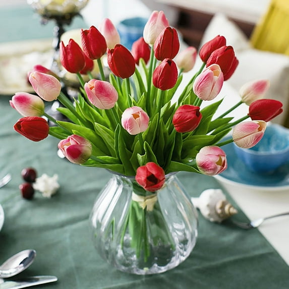 Ludlz Fake Tulips Real Touch Artificial Flowers 5Pcs Flower Arrangement Bouquet for Home Office Wedding Decoration Nice-looking Attractive Charming Bouquets for Home
