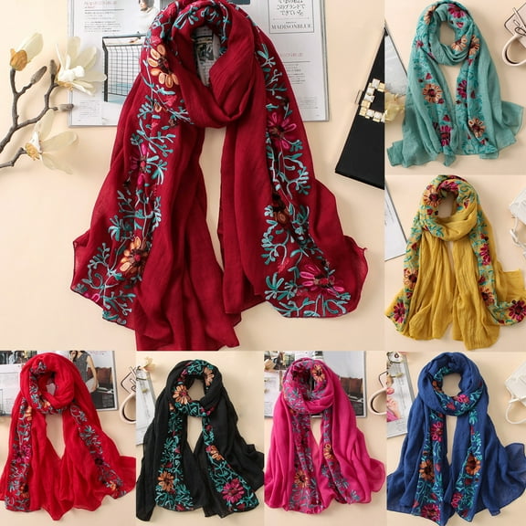 Ludlz Fashion Womens Flower Scarves Lightweight Shawl Scarf Classic Retro Embroider Flower Boho Scarf Travel Wrap