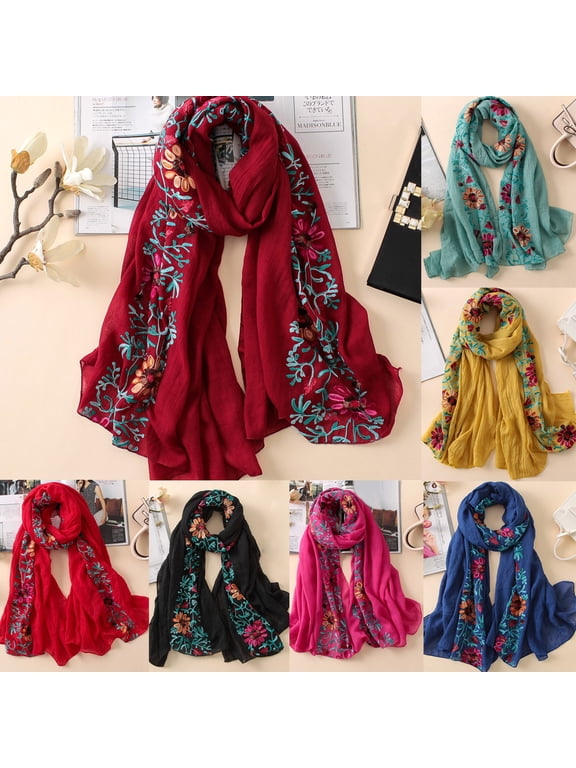 Fashion Womens Flower Scarves Lightweight Shawl Scarf Classic Retro Embroider Flower Boho Scarf Travel Wrap