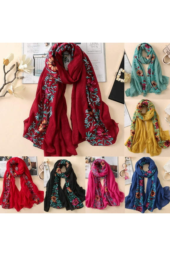 Ludlz Fashion Womens Flower Scarves Lightweight Shawl Scarf Classic Retro Embroider Flower Boho Scarf Travel Wrap