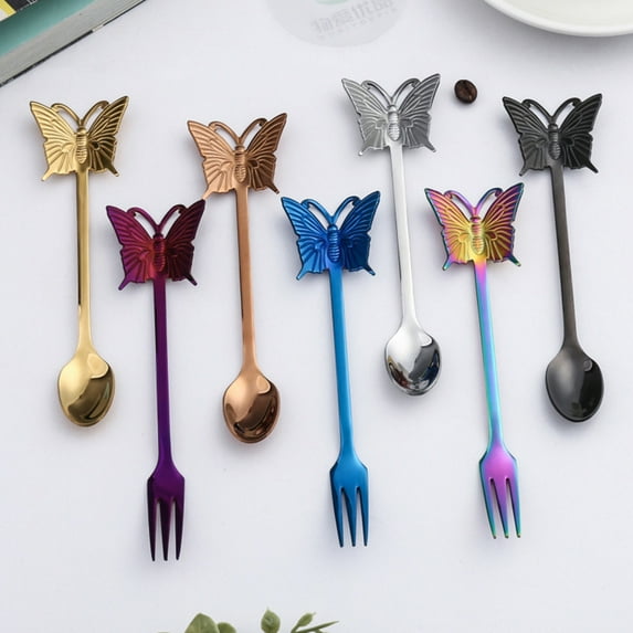 Ludlz Flatware Stainless Steel With Titanium Colorful Plated, Multicolor Flatware Silverware Rainbow Stainless Steel Coffee Tea Moon Cake Fruit Butterfly Spoon Fork Cutlery