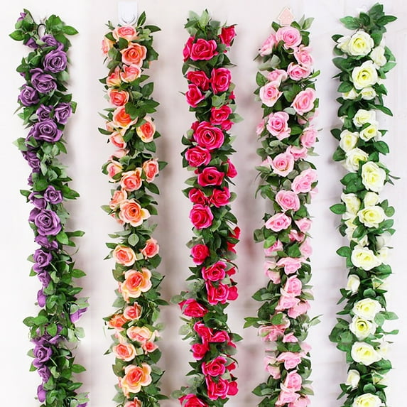 Ludlz Flower Garland Fake Rose Vine Artificial Flower Hanging Rose Ivy Home Hotel Office Wedding Party Garden Craft Art D茅cor Anti-fade 7 Colors Simulation Rose Flower Vine for Household