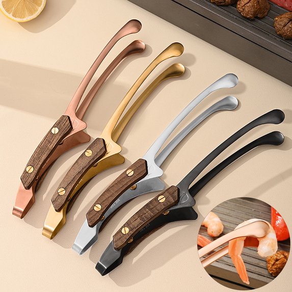 Ludlz Food Tong Heat Insulated Anti-scalding Grill Meat Clip Easy to Clean Wooen Handle Stainless Steel Tea Clamp BBQ Tool