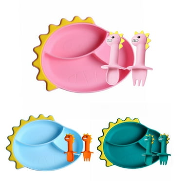 Ludlz Kid Dinosaur Plate , Baby Dinnerware for Child Toddlers Feeding Divided Plate,Portion Control Divided Plate with Fork and Spoon for Kids, BPA Free, Food-Safe and Eco Friendly