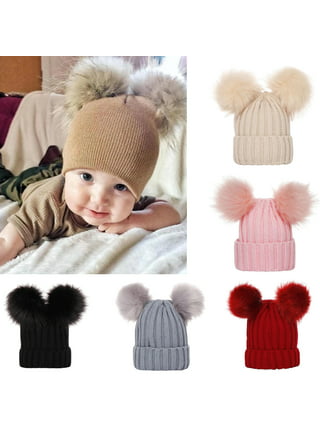 Kids Winter Knitted Pom Beanie Bobble Hat Cotton Lined Faux Fur Ball Pom Pom Cap Unisex Kids Beanie Hat