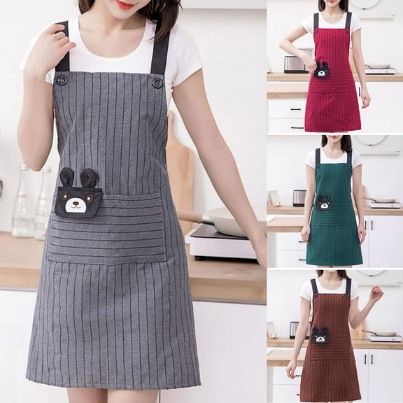 Ludlz Kitchen Apron Big Pocket Design Soft Texture Breathable Striped Lace Up Dirt Resistant Cartoon Bear Painting Cleaning Apron for Painter