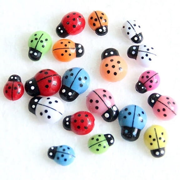 Ludlz Mini Ladybugs, 100PCS Self-Adhesive Ladybugs Wooden Ladybug Shaped Stickers Colorful Mini 3D Ladybug Ornaments Home Decor Kid Toys DIY Insects