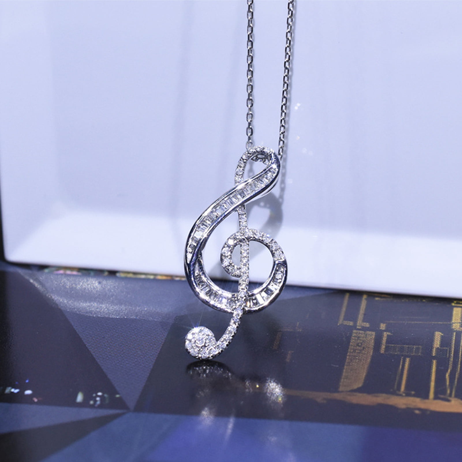 Ludlz Musical Note Pendant Necklace Silver Cubic Zirconia Music Note
