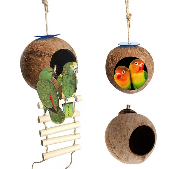 Ludlz Natural Coconut Shell Wild Bird House with Hanging Rope