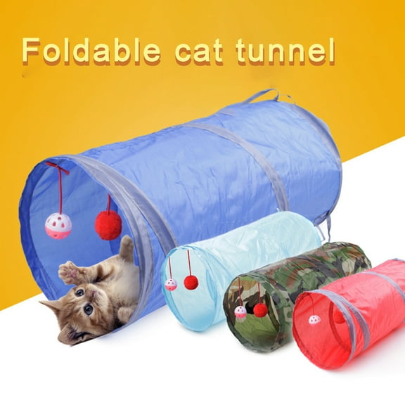 Ludlz Pet Cat Kitten 2-Way Foldable Tunnel Tube Hanging Bell Ball Training Play Toy , Cat Tunnels for Indoor Cats, Kitty Tunnel Bored Cat Pet Toys Peek Hole Toy Ball Cat
