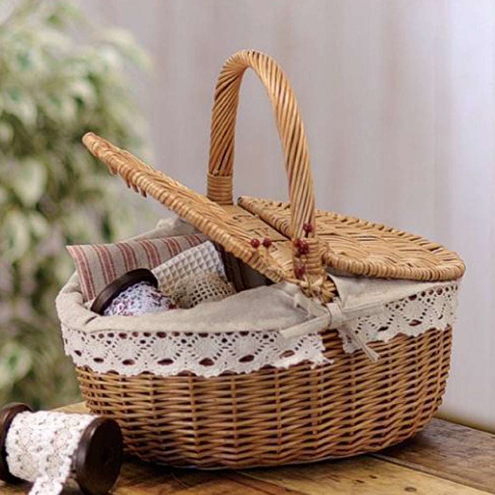 Ludlz Picnic Basket Natural Woven Woodchip with Double Folding Handles