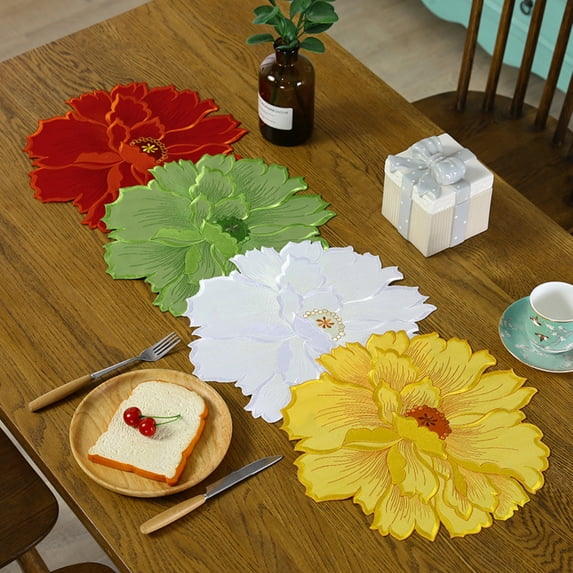 Ludlz Placemat Good Heat Insulation Non-slip Washable Flower Embroidery Lace Kitchen Dining Table Place Mat for Home