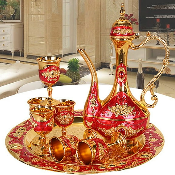 Ludlz Porcelain Tea Sets European Vintage Metal Wine Cup Kettle Tray Kit Wedding Home Gifts Set , 8Pcs/Set Cups for Tea/Coffee