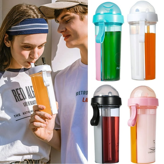 Ludlz Portable double straw independent drink 2-in-1 Leak-proof Couple cup Children's cup Double-sided water bottle Double-layer water bottle Double sided cup with straw Two drinks