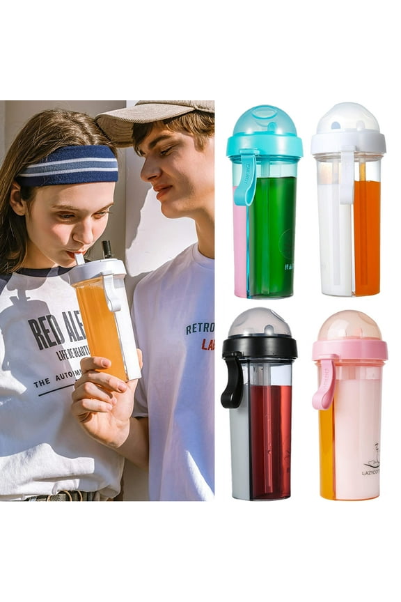 Ludlz Portable double straw independent drink 2-in-1 Leak-proof Couple cup Children's cup Double-sided water bottle Double-layer water bottle Double sided cup with straw Two drinks