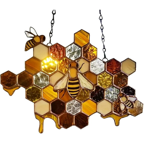 Ludlz Queen Honey Bee Suncatcher Decor Happy Bee Day Sign Door Hanger Bee Suncatcher Honeycomb Hanging Decor Bumble Bee Hive Decor for Farmhouse Garden Party Supplies