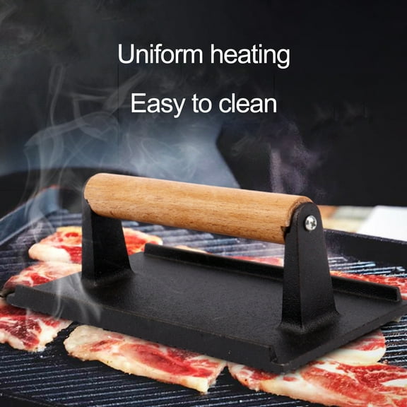 Ludlz Rectangle Cast Iron Bacon Press with Wood Handle Even-Heat Transfer Healthy Cooking Comfortable Grip Meat Press