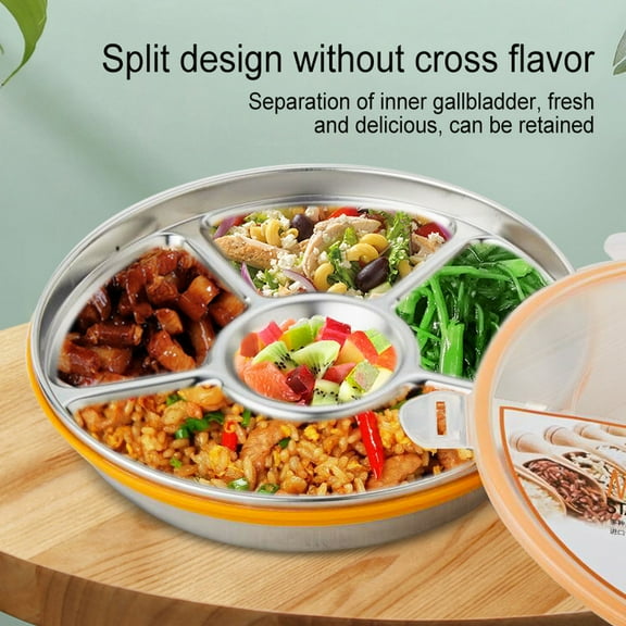 Ludlz Round Lunch Box with Clear Airtight Lid 6 Compartments Food Grade Stainless Steel Dishwasher Freezer Safe School Dining Hall Dinner Plate Food Container Tray