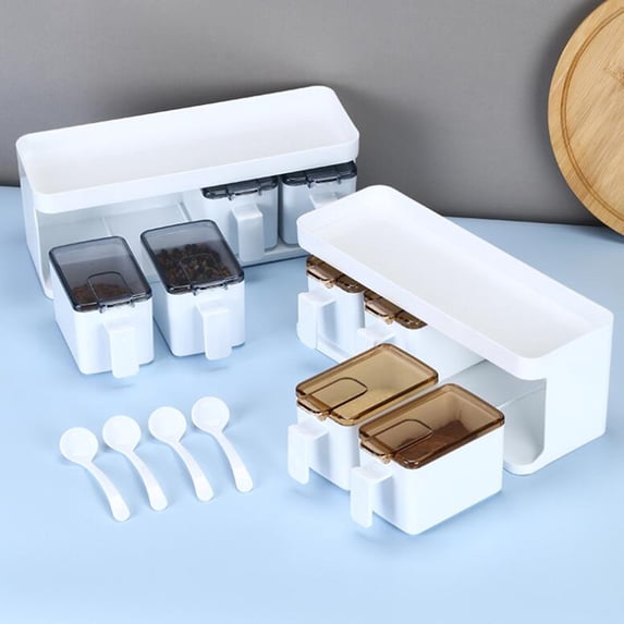 Ludlz Seasoning Box with Spoon Ergonomic Handle Dust-proof Waterproof Moisture-proof 3/4 Grids Condiment Container Countertop Organizer Kitchen Gadget