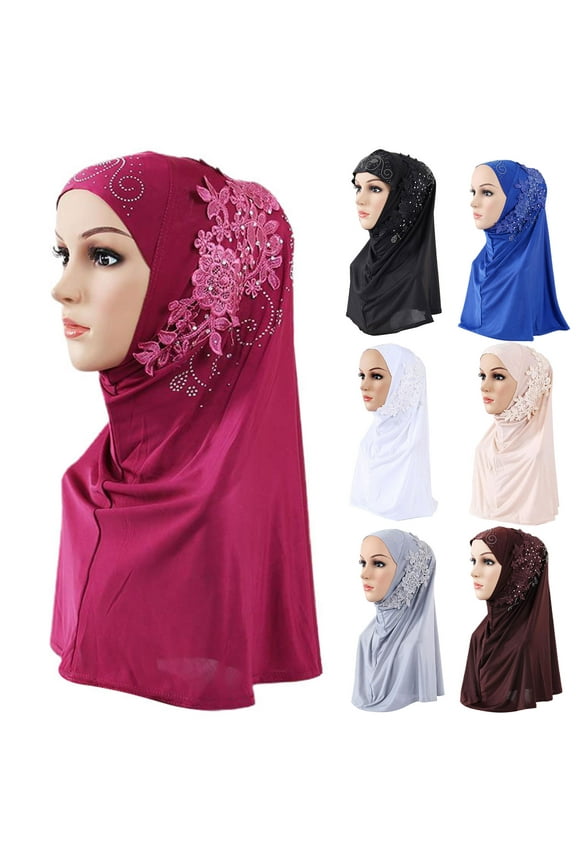 Ludlz Shawl for Women Lace Rhinestone Muslim Hijab Wrap Scarf Turban Cap Head Cover