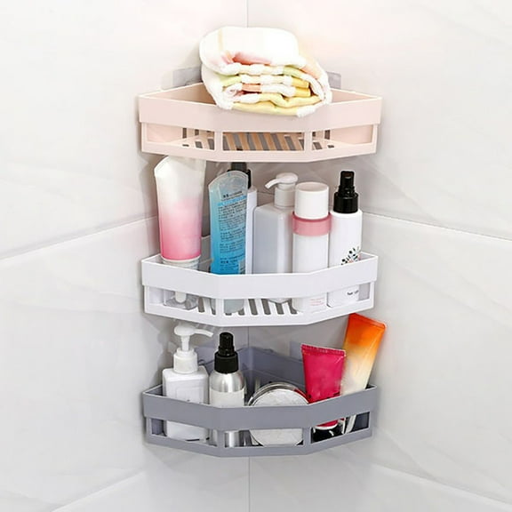 Ludlz Shower Caddy Adhesive Wall Mounted Shelf OrganizerWall Hanging Sticker Triangle Corner Storage Rack Kitchen Bathroom Organizer Kitchen Storage Basket Rack Corner Shelf
