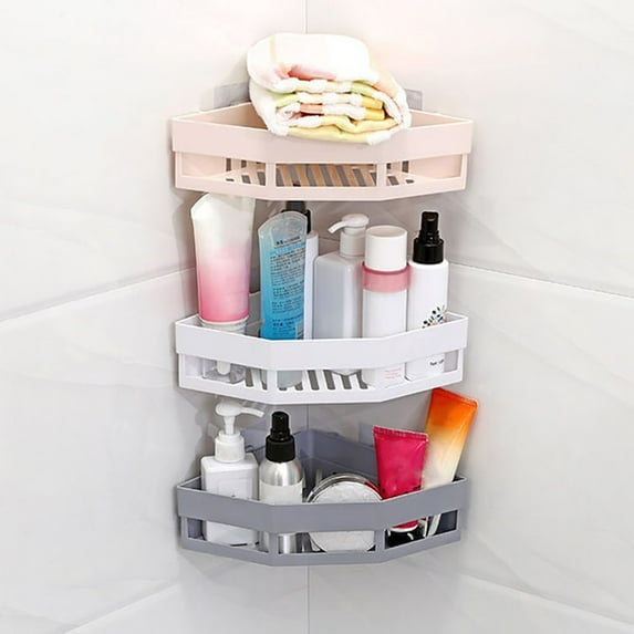 Ludlz Shower Caddy Adhesive Wall Mounted Shelf OrganizerWall Hanging Sticker Triangle Corner Storage Rack Kitchen Bathroom Organizer Kitchen Storage Basket Rack Corner Shelf