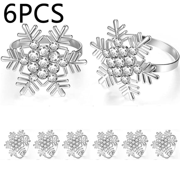 Ludlz Snowflake Napkin Rings Set of 6 for Christmas, Holidays, Dinners, Parties, Everyday Use, Silver Napkin Rings Snowflake Shape Multi-purpose Alloy Snowflake Napkin Rings Set for Gift